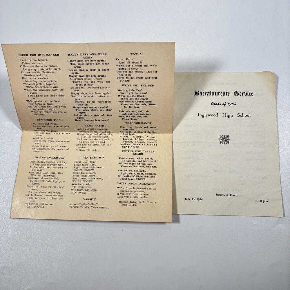 Vintage Inglewood High CA California Ephemera Song Lyrics Baccalaureate Service